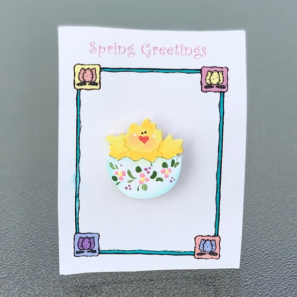 Wood Lapel Pin ~ Hand Painted Yellow Easter Chick in Egg - Picture 1 of 4
